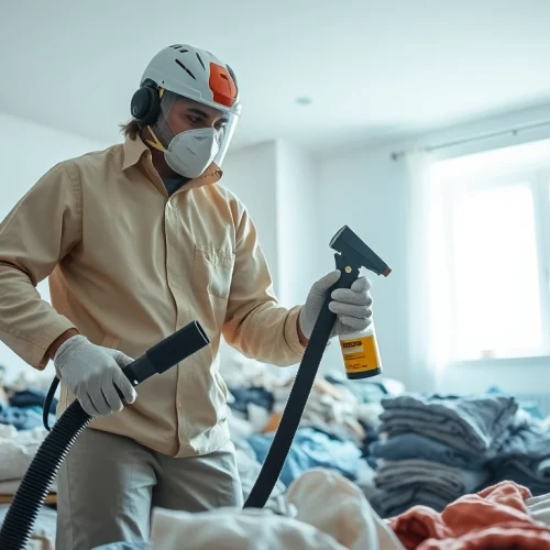 Effective clothes moth extermination by a technician using specialized tools in a bright room.