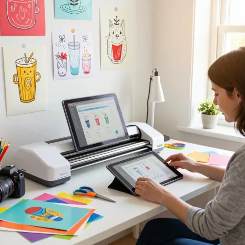 Woman crafting with SVG files in a colorful workspace filled with Cricut tools and vibrant designs.