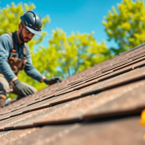Expert roof repair showcasing new shingles being installed by a professional roofer.