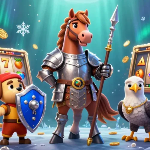 Dewagg Game Slot illustration showcasing a knight, puppy, and falcon amongst dynamic slot reels and golden game elements.