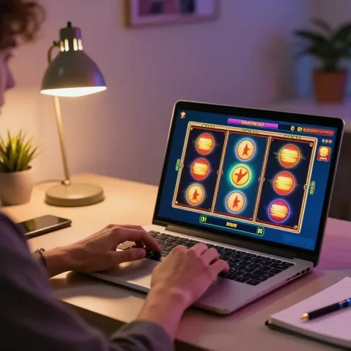 Engaging online gaming at home with vibrant slot terbaru interface displayed on laptop screen