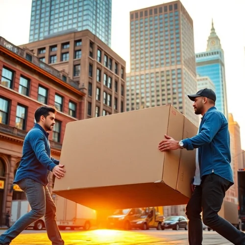 Movers in Boston carefully transporting boxes while showcasing teamwork in a vibrant city setting.
