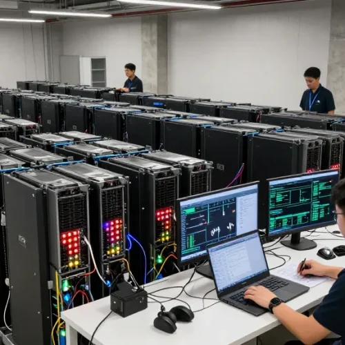 bitcoin mining farm workspace showcasing advanced mining rigs and performance metrics in a high-tech facility, highlighting cryptocurrency innovation and operational efficiency