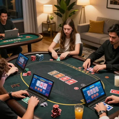 Engaged gamers experiencing winstrike69 in a dynamic online casino setting with poker gameplay.