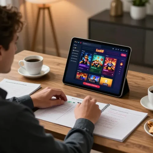 Engaging online gaming experience on luck8 tablet in a stylish home office.