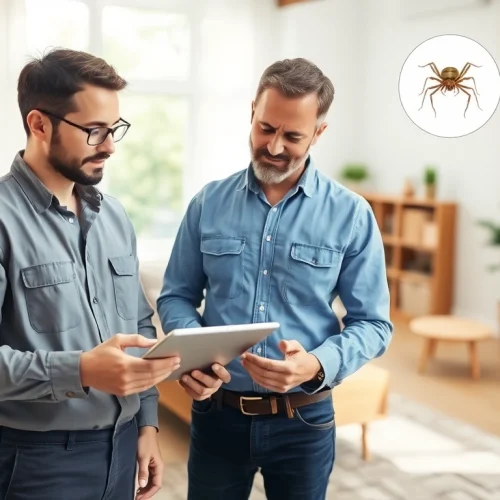Applying monthly pest protection with a technician inspecting a home for common pests.