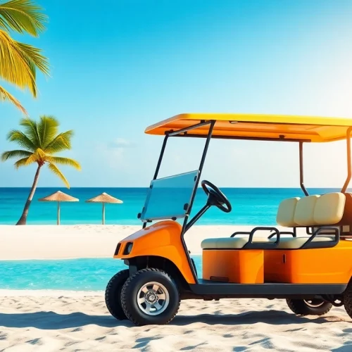 Rent a vibrant golf cart for your San Pedro Belize Golf Cart Rental adventure on the beach.