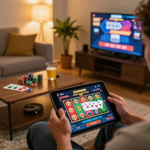 Engaging with SUNWIN LINK app for online casino gaming on a tablet in a cozy home setting.