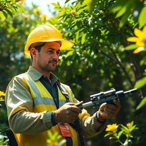 Applying monthly pest protection by a technician in a bright garden, ensuring healthy plants.