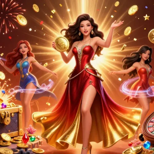 Experience gaming excitement with liên minh kjc, showcasing a glamorous player amid coins and winning elements.