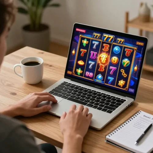 Engaging scene of a player enjoying slot77 online game on laptop, showcasing strategic gaming at home.