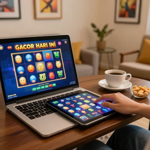 Engaging with slot gacor hari ini on a cozy home setup, laptop displaying vibrant game interface.