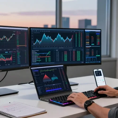 Workspace portraying a legit cloud mining platform with cryptocurrency charts, digital wallet, and DeFi interaction in modern office.