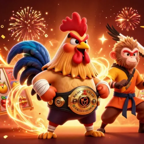 Engage in dynamic gameplay at UFABET with a fierce rooster, Shaolin monkey, and wise crane illustrated in 3D.
