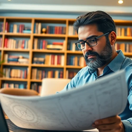 Astrologer making astro ipl prediction using charts and notes in a bright office.