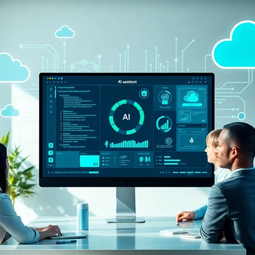Showcase a diverse team collaborating with an enterprise AI assistant in a modern office.