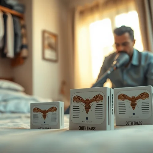 Engaging scene of clothes moth extermination process in a bedroom setting.