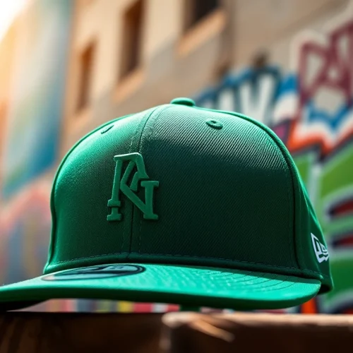 Destaca la gorra new era verde con logotipo en un entorno urbano portátil y vibrante.