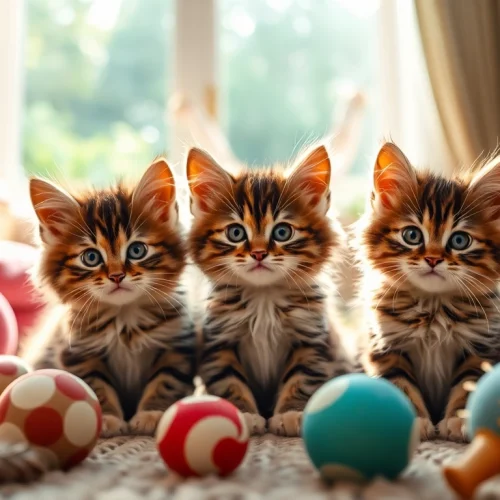 Maine Coon kittens for sale Northern California playing in a sunny living room full of toys.