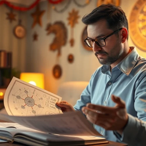 Expert astrologer presenting astro ipl prediction insights among celestial decor and charts.