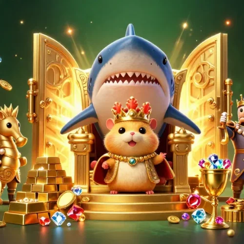 Experience the excitement of tài xỉu sunwin with a fierce hamster king in a treasure-filled scene.