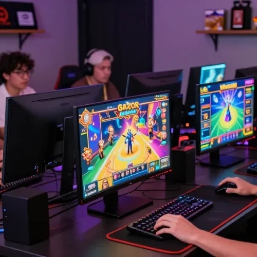 Excited players enjoying slot gacor games on multiple screens in a cozy gaming setup.