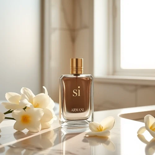 Admire the luxurious Armani si fragrance bottle displayed with fresh flowers and candlelight.