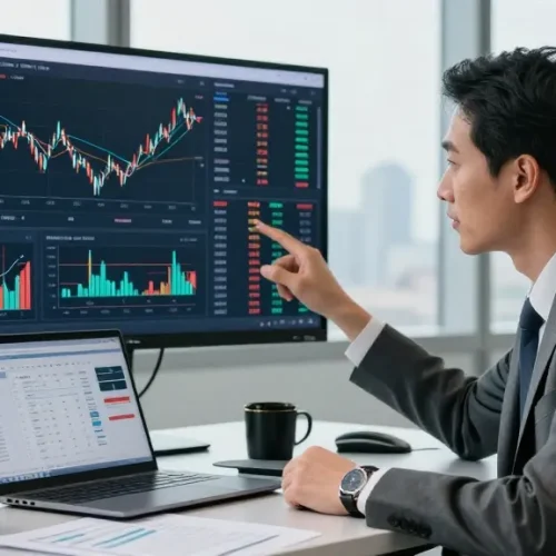 Expert analyzing trading market insights on display in a modern office.