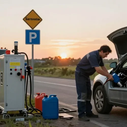 Mechanic draining petrol in diesel car on roadside during evening