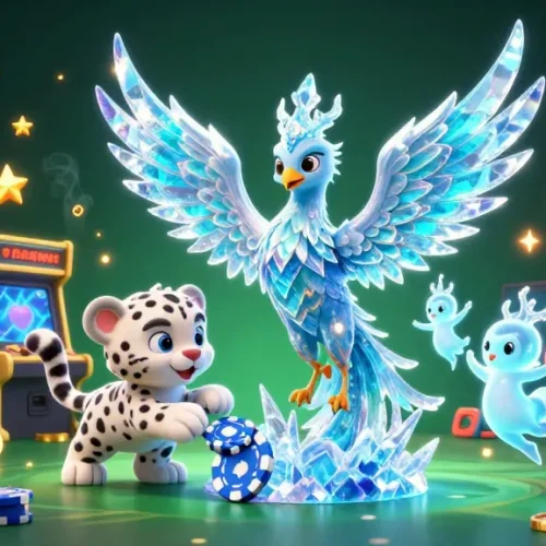 Plongez dans l'univers du casino en ligne blackjack avec une illustration en 3D, un phoenix de glace et un petit léopard.