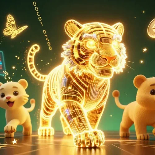 ポーカーオンラインのおすすめの美しい3Dアートで、デジタルカジノの中を進む光エネルギーの虎が描かれています。