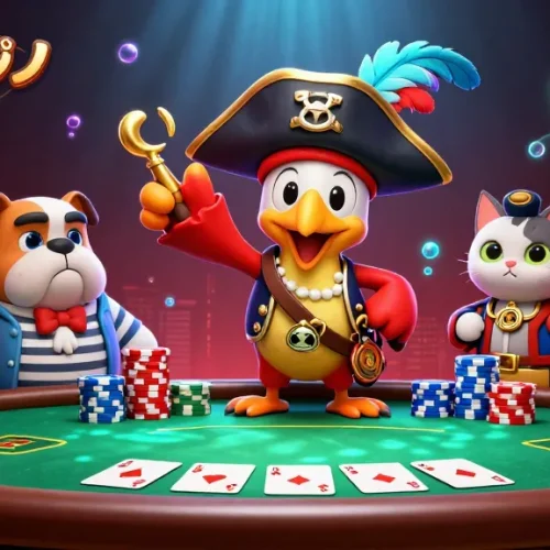 仮想通貨カジノおすすめを揃えた豪華な3Dイラスト。キャラクターが賭けの勝利を目指すシーン。