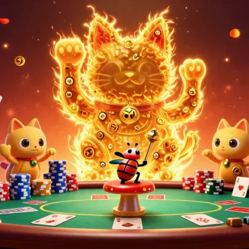 Experience thrilling casino action with sv88's giant lucky cat and lively poker symbols in dynamic 3D.