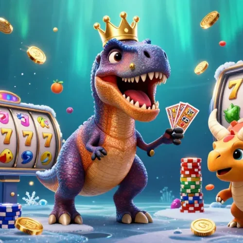 Experience the excitement of slot 777 with animated characters and bright slot symbols in a vibrant casino scene.