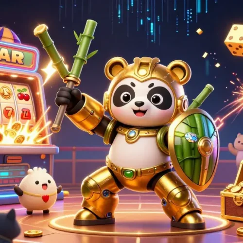 Engage with lv88seo's thrilling 3D casino scene featuring vibrant slots, heroic characters and jackpot excitement.