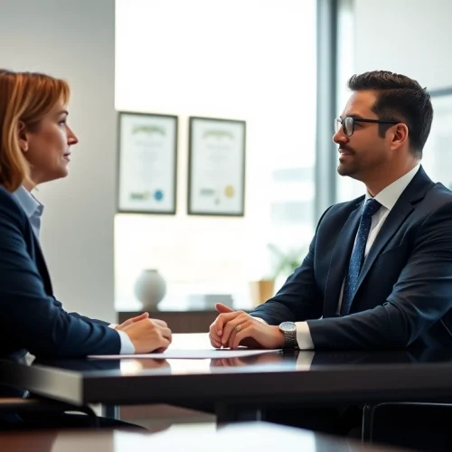 A Miami high net worth divorce lawyer consulting a client in a modern office, exuding professionalism.