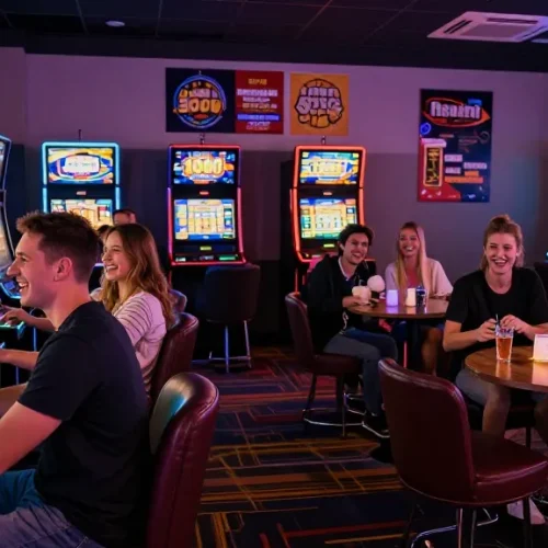 Friends celebrating wins at a slot depo 1000 machine in a vibrant gaming lounge