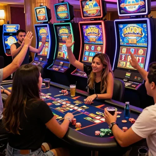 Excited players enjoying a slot gacor game at a colorful casino table, celebrating wins.