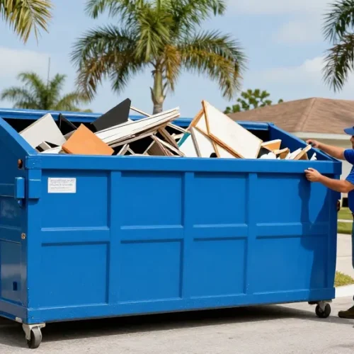 Dumpster rental in Cape Coral FL with a contractor unloading renovation debris, showcasing efficient waste management service.