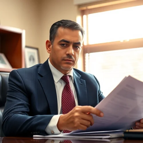 Stockton Accident Lawyer attentively reviewing case files in a professional office setting.