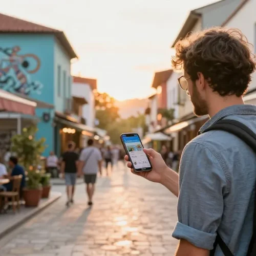 TravelJoy alternative showcased through a traveler planning trips using a mobile app in a vibrant city setting.
