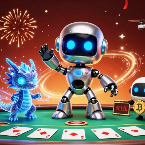 Jouez sur un casino en ligne France avec cette illustration de jeux captivants et un robot cybernétique.