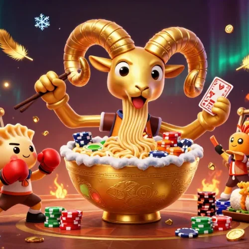 Spin winning slots featuring a giant ramen bowl dealer surrounded by vibrant casino elements.