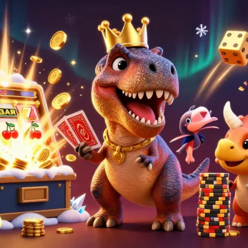 Experience excitement with agen toto as dinosaurs enjoy casino thrills in a colorful, vibrant setting.
