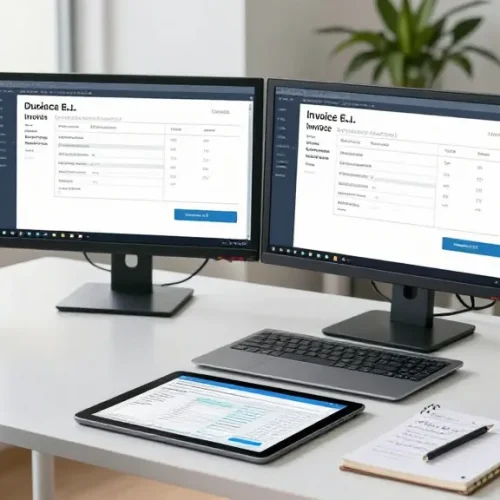 Detect fake invoice using advanced analytics software in a modern office setting.