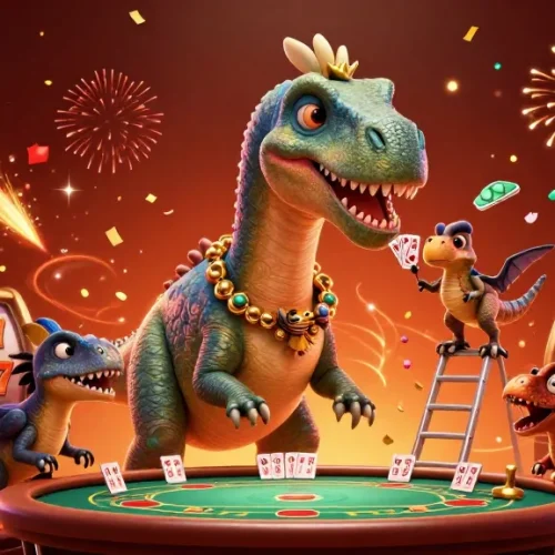 Scopri i migliori casino non AAMS mentre un brontosauro gigante guarda il tavolo da poker.