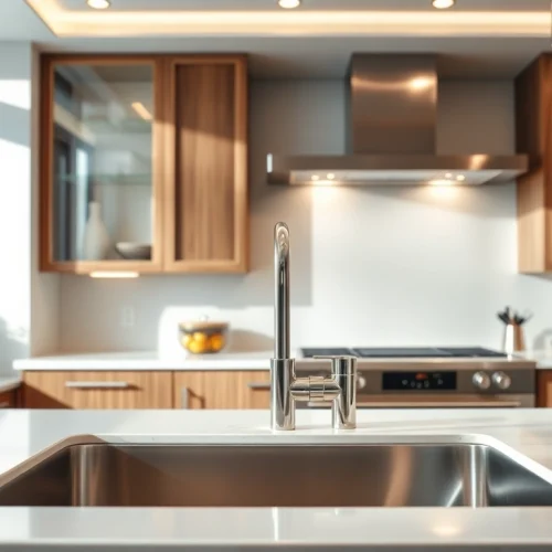 Steel sink positioned in a modern, well-lit kitchen with elegant cabinetry and warm tones.