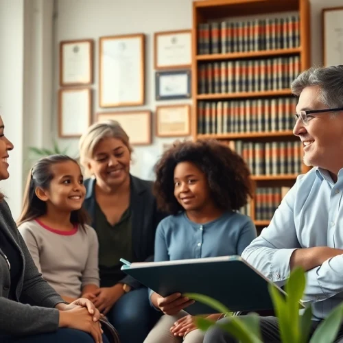 New Hampshire Immigration Attorney providing consultation to a diverse family in a welcoming office.
