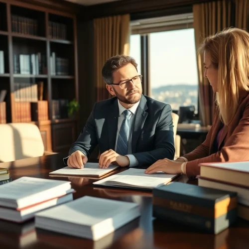 Asheville DWI defense lawyer consulting with a client in an office setting.
