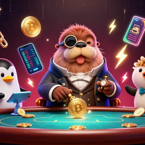 Giocatori al casinò non AAMS affidabile con monete di criptovaluta e elementi di gioco.